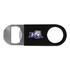 A drink bottle opener featuring a stainless steel end and a black vinyl body with a logo printed on it.