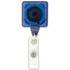 A rectangular badge holder in blue with a white retractable strap. It features a logo on the front.