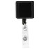 A black rectangle badge holder with a clear retractable clip. The design is simple and functional.