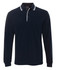 A navy long-sleeve polo shirt with white contrast detailing and a branded logo on the chest.