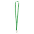 A green custom lanyard with a clasp, featuring repeated branding along its length.