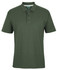 A green polo shirt featuring a collar and button placket, with a logo on the front.