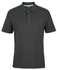 A dark grey polo shirt with a collar and three buttons, featuring a logo on the chest area.