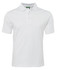 A white polo shirt with short sleeves and a collar, featuring a logo on the neckline.