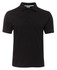 A black polo shirt featuring a collar, three buttons, and a logo on the label.
