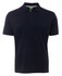 A navy blue polo shirt with a collar, featuring three buttons and a branding label.