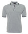 A grey polo shirt with contrasting black stripes on the collar and sleeves. It features a three-button placket and a logo.