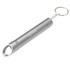 A silver drink bottle opener keychain with a cylindrical design and circular opening. The keychain has a branding logo.