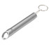 A drink bottle opener keychain in silver metal with a circular opening and a keyring attachment.