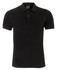 A black fitted polo shirt with a collar and three buttons, featuring a logo on the chest.