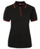 A black polo shirt with red contrast stripes on the collar and sleeves, featuring a logo.