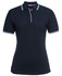 A navy blue polo shirt featuring contrast detailing and a collar, designed for women. It has a logo on it.