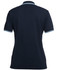 A navy blue ladies' polo shirt with contrast stripes on the collar and sleeves. It features a logo on the front.