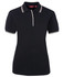 A black ladies' polo shirt with contrasting white trim on the collar and sleeves. It features a logo on the chest.
