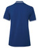 A blue ladies polo shirt with a contrast trim and a logo on the back.