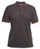 A ladies' polo shirt in dark grey with red contrast detailing on the collar and sleeves, featuring a logo.