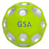 A bright green high bounce ball with silver holes and a logo printed on the surface.
