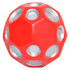 A red bounce ball with silver accents and cut-out holes, designed for fun and stress relief.
