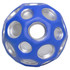 A bouncy ball in blue and silver, featuring holes throughout its spherical design. It has a logo on its surface.