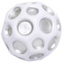 A high bounce ball in white with silver accents featuring various circular cut-outs. It has a simple, playful design.