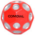 A red high bounce ball with silver accents, featuring a logo on its surface, designed for fun and stress relief.