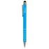 A blue stylus pen with a shiny silver clip and tip, featuring a logo on the barrel.