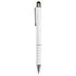 A white stylus pen with a chrome clip and grip detailing, featuring a logo on the body.