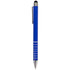 A blue stylus pen with a chrome clip and silver accents, featuring a soft tip for touchscreens.