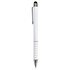 A white stylus pen with a silver clip and tip, featuring a textured grip and a branding logo.