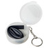 A black reusable silicone straw inside a clear, round case with a keychain attachment.