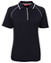 A navy and white ladies' polo shirt featuring a collar, buttons, and a logo.
