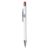 A stylus pen featuring a white body with a red tip and chrome accents, also has a logo on the surface.