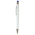 A white stylus pen with a blue top and a silver clip, featuring a logo on its body.