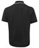 A black polo shirt with a textured design and contrasting white collar and sleeve trims. It features a logo.