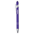 A purple metal pen with a shiny silver clip and tip, featuring a logo on the barrel.