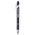 A black metal pen with silver accents and a branding logo, featuring a stylus tip.