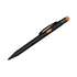 A black stylus pen with an orange tip and a clip, featuring a logo.