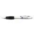 A silver pen with a black grip and a logo, featuring a sleek design and chrome accents.