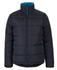 A black puffer jacket with contrasting blue zip and interior, featuring a high collar and side pockets.