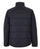 A black puffer jacket featuring a padded design with a high collar and no visible logos on the back.