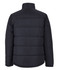 A black puffer jacket with a quilted design and a high collar, featuring a branding logo.
