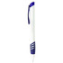 A plastic pen with a white barrel and blue accents, featuring a clip and stripes on the grip area.