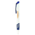 A plastic pen in white and blue with a logo, featuring a clip for attachment.