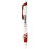 A white and burgundy plastic pen with a logo, featuring a click mechanism and grip detailing.