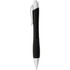 A metallic pen in black with a white tip and clip, featuring a textured grip and a logo.