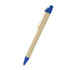 A biodegradable pen with a natural kraft body and blue accents, featuring a clip and retractable mechanism.