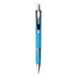 A metal pen in a vibrant blue colour with a shiny chrome clip and accents. It features a logo on the body.