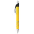 A yellow metal pen with a chrome clip and three silver rings on the barrel. Branding is present on the pen.