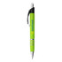 A metal pen in bright green with a black clip and silver accents; features a logo.