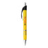 A yellow metal pen with silver accents and a clip, featuring a logo on the barrel.